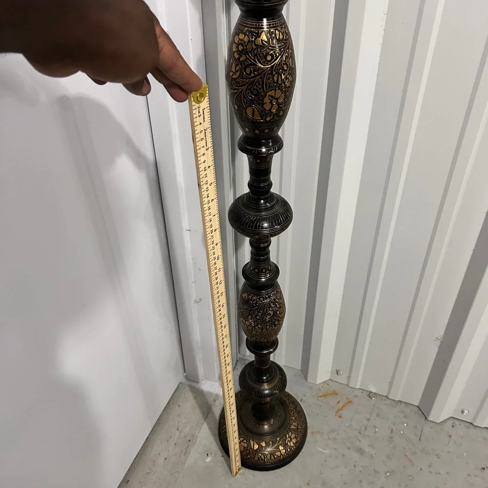 Vintage Persian Etched Brass Floor Lamp Black Gold Floral Tall Decorative Stand